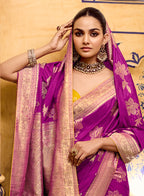 Monjolika Fashion Magenta Faux Crepe Silk with beautiful Zari Weaving Work Classic Saree | Grocsy
