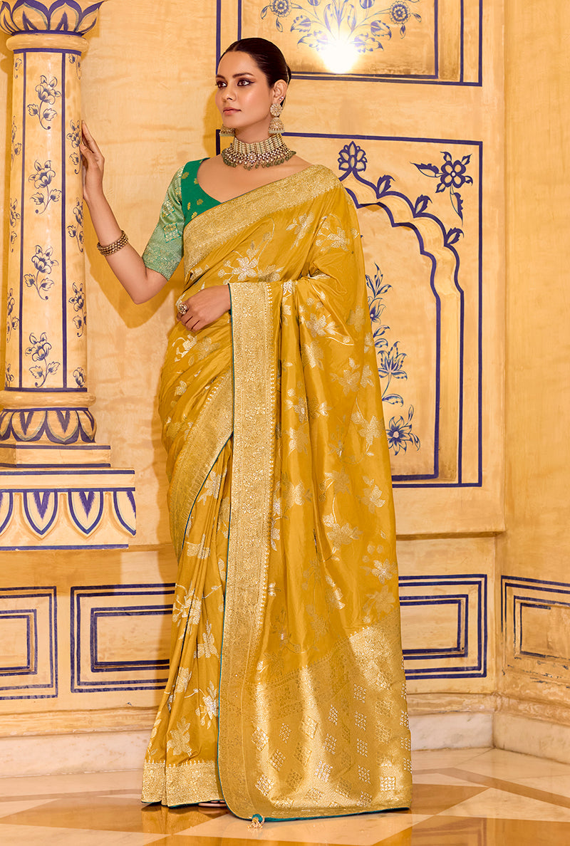 Monjolika Fashion Mustard Faux Crepe Silk with beautiful Zari Weaving Work Classic Saree | Grocsy