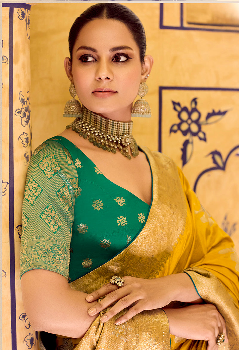 Monjolika Fashion Mustard Faux Crepe Silk with beautiful Zari Weaving Work Classic Saree | Grocsy
