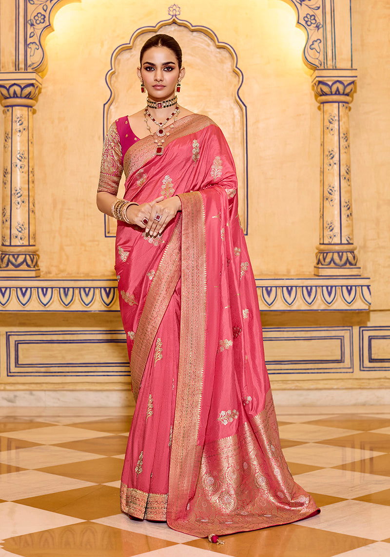 Monjolika Fashion Dark Peach Faux Crepe Silk with beautiful Zari Weaving Work Classic Saree | Grocsy