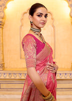Monjolika Fashion Dark Peach Faux Crepe Silk with beautiful Zari Weaving Work Classic Saree | Grocsy