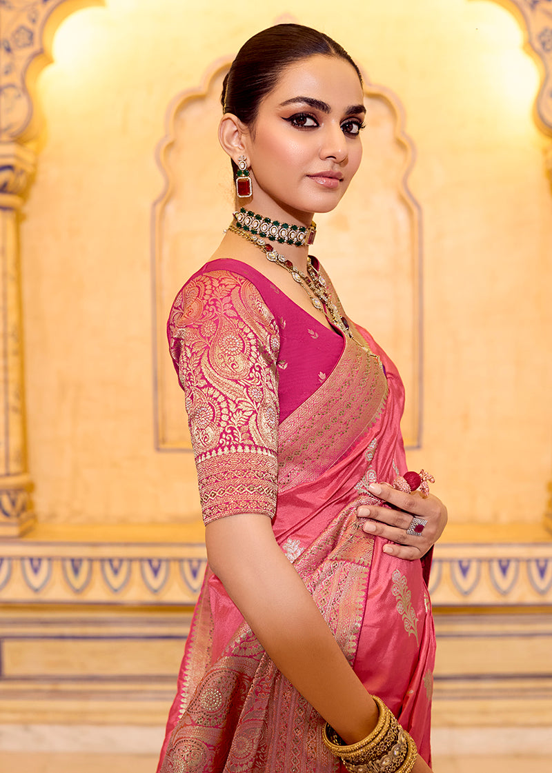 Monjolika Fashion Dark Peach Faux Crepe Silk with beautiful Zari Weaving Work Classic Saree | Grocsy