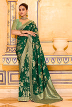 Monjolika Fashion Dark Green Faux Crepe Silk with beautiful Zari Weaving Work Classic Saree | Grocsy