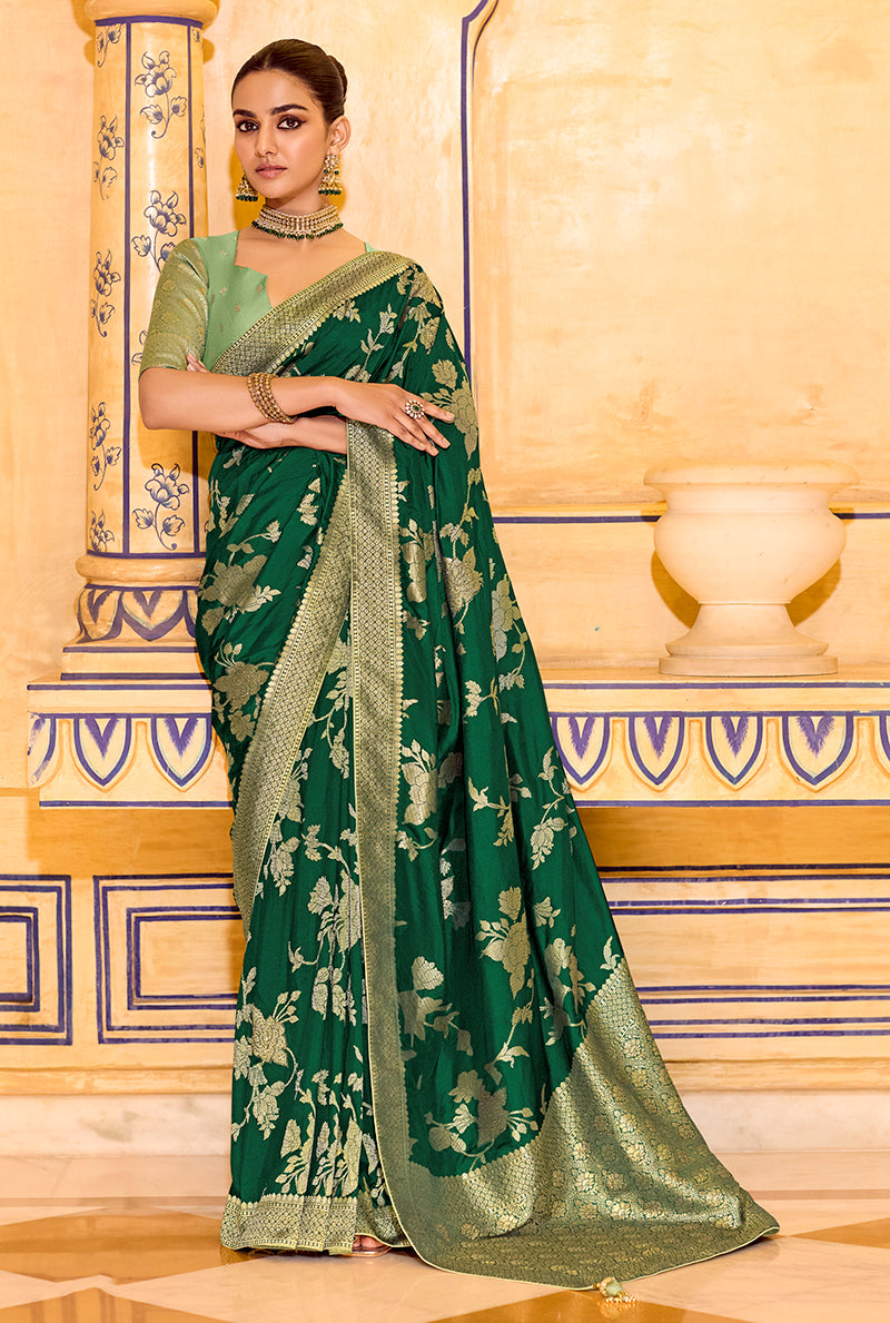 Monjolika Fashion Dark Green Faux Crepe Silk with beautiful Zari Weaving Work Classic Saree | Grocsy