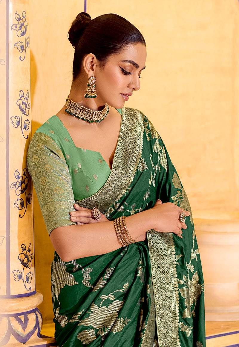 Monjolika Fashion Dark Green Faux Crepe Silk with beautiful Zari Weaving Work Classic Saree | Grocsy