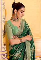 Monjolika Fashion Dark Green Faux Crepe Silk with beautiful Zari Weaving Work Classic Saree | Grocsy