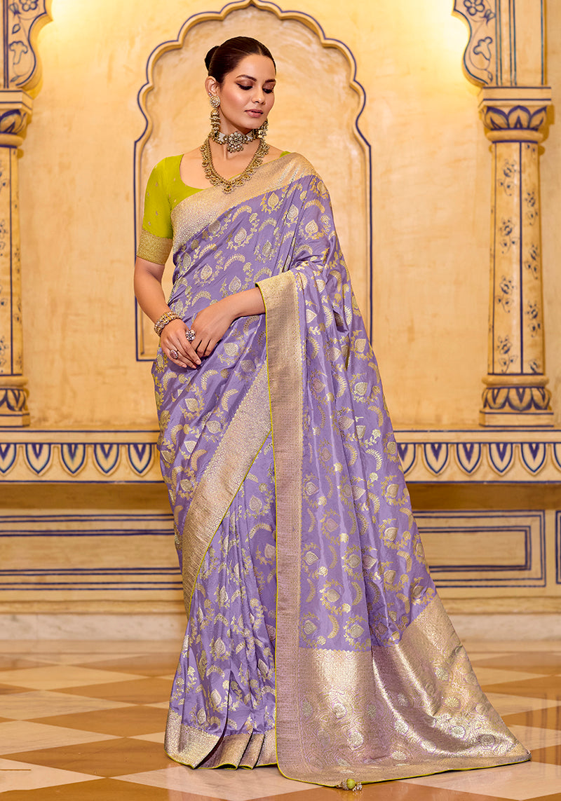 Monjolika Fashion Lavender Faux Crepe Silk with beautiful Zari Weaving Work Classic Saree | Grocsy