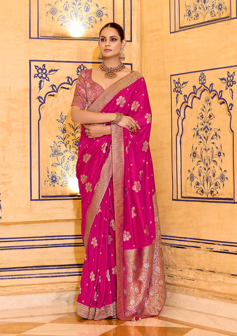 Monjolika Fashion Rani Pink Faux Crepe Silk with beautiful Zari Weaving Work Classic Saree | Grocsy