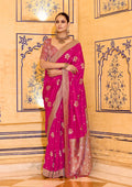 Monjolika Fashion Rani Pink Faux Crepe Silk with beautiful Zari Weaving Work Classic Saree | Grocsy