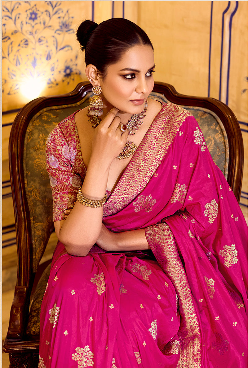 Monjolika Fashion Rani Pink Faux Crepe Silk with beautiful Zari Weaving Work Classic Saree | Grocsy