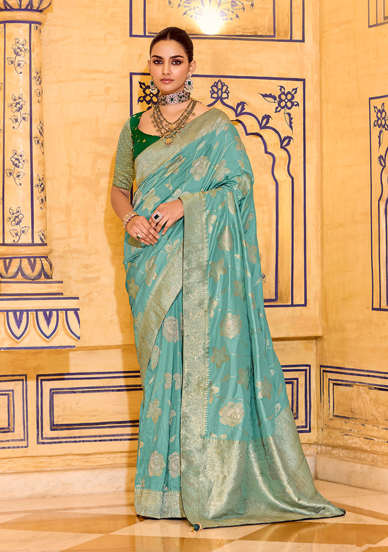 Monjolika Fashion Sea Green Faux Crepe Silk with beautiful Zari Weaving Work Classic Saree | Grocsy