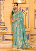 Monjolika Fashion Sea Green Faux Crepe Silk with beautiful Zari Weaving Work Classic Saree | Grocsy