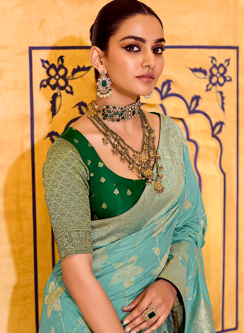 Monjolika Fashion Sea Green Faux Crepe Silk with beautiful Zari Weaving Work Classic Saree | Grocsy