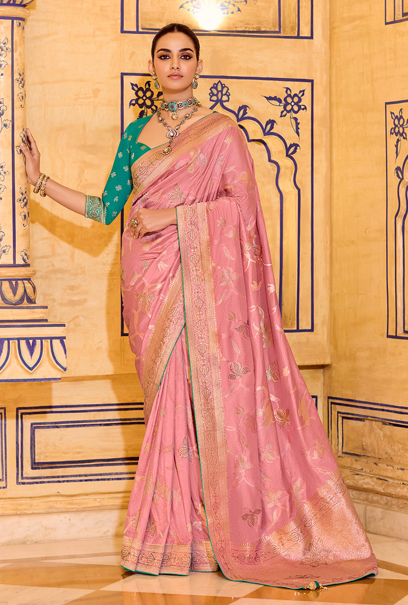 Monjolika Fashion Baby Pink Faux Crepe Silk with beautiful Zari Weaving Work Classic Saree | Grocsy