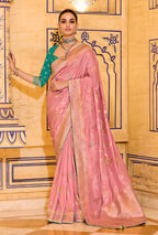 Monjolika Fashion Baby Pink Faux Crepe Silk with beautiful Zari Weaving Work Classic Saree | Grocsy