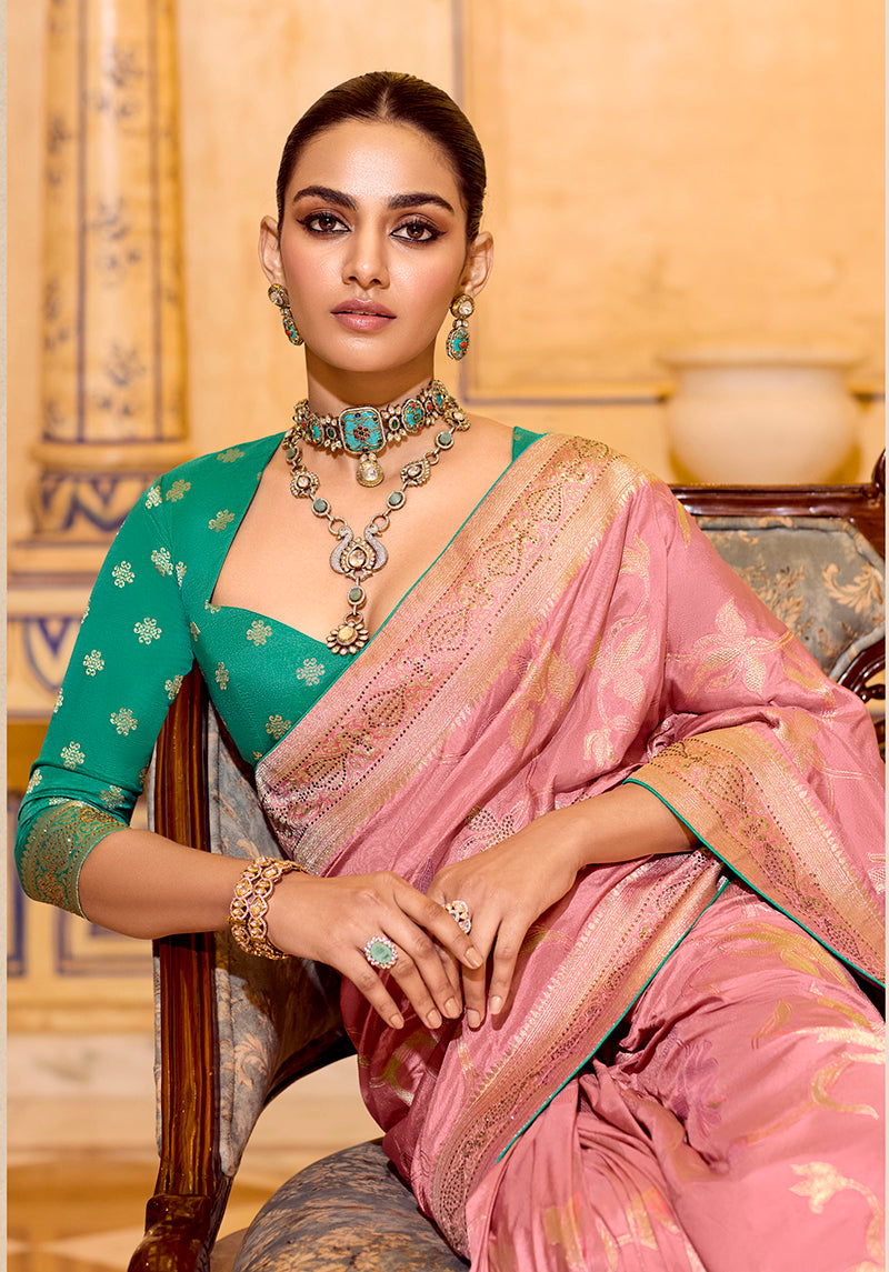 Monjolika Fashion Baby Pink Faux Crepe Silk with beautiful Zari Weaving Work Classic Saree | Grocsy