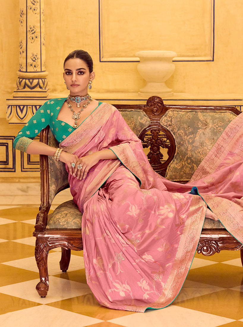 Monjolika Fashion Baby Pink Faux Crepe Silk with beautiful Zari Weaving Work Classic Saree | Grocsy