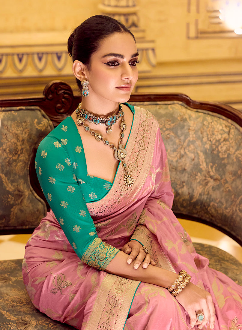 Monjolika Fashion Baby Pink Faux Crepe Silk with beautiful Zari Weaving Work Classic Saree | Grocsy