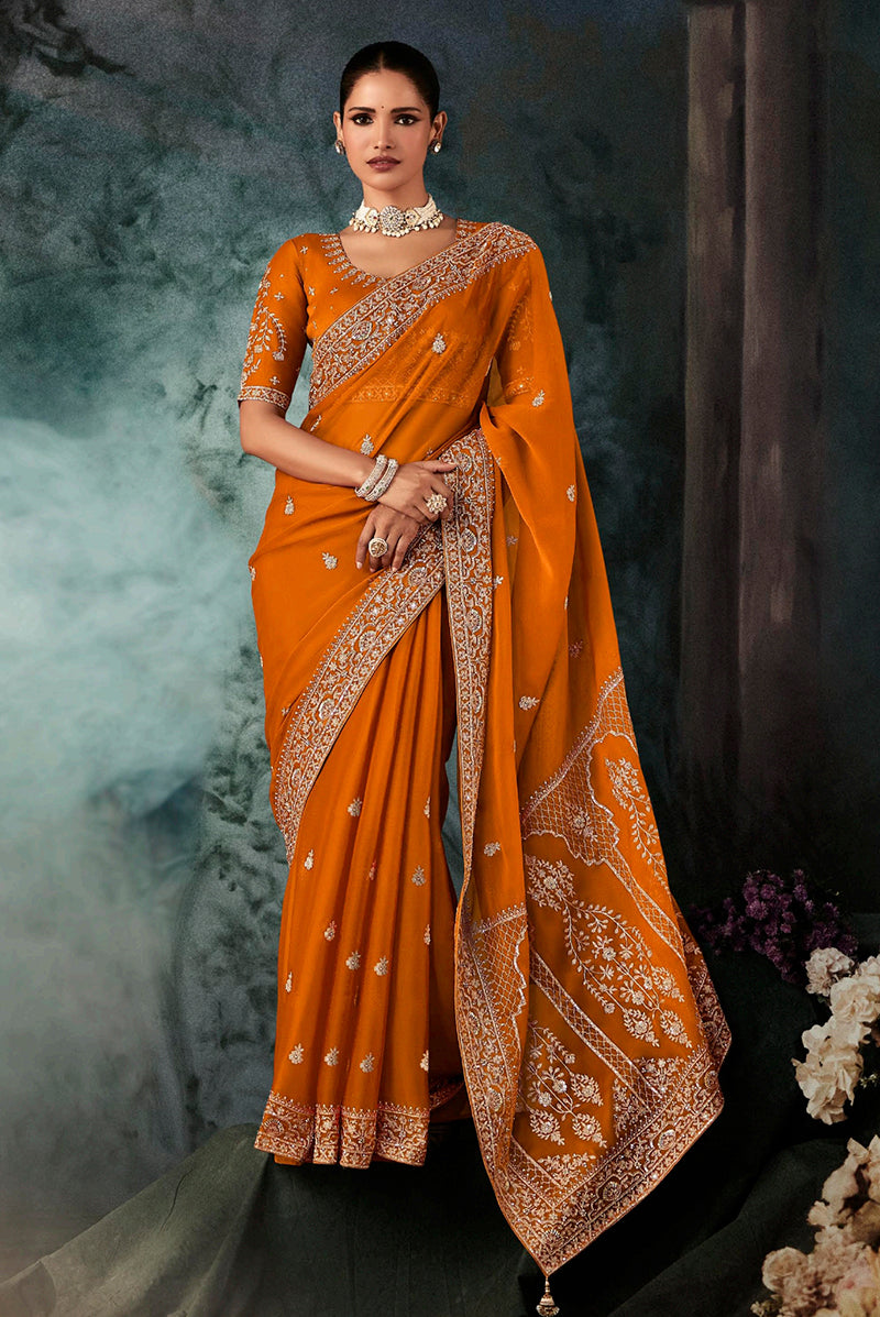 Monjolika Fashion Orange Wear Fabric Embroidery Bridal Reception Festival Wedding Wear Heavy Border Saree | Grocsy