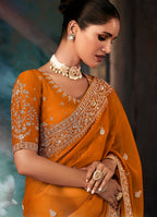 Monjolika Fashion Orange Wear Fabric Embroidery Bridal Reception Festival Wedding Wear Heavy Border Saree | Grocsy