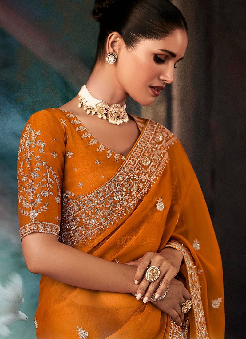 Monjolika Fashion Orange Wear Fabric Embroidery Bridal Reception Festival Wedding Wear Heavy Border Saree | Grocsy