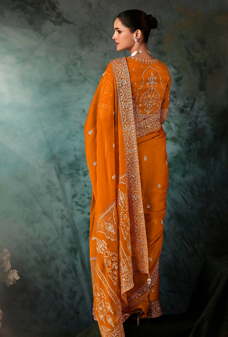 Monjolika Fashion Orange Wear Fabric Embroidery Bridal Reception Festival Wedding Wear Heavy Border Saree | Grocsy