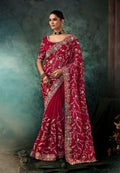 Monjolika Fashion Burgundy Faux Crepe Embroidery Bridal Reception Festival Wedding Wear Heavy Border Saree | Grocsy