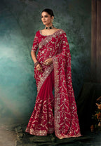 Monjolika Fashion Burgundy Faux Crepe Embroidery Bridal Reception Festival Wedding Wear Heavy Border Saree | Grocsy
