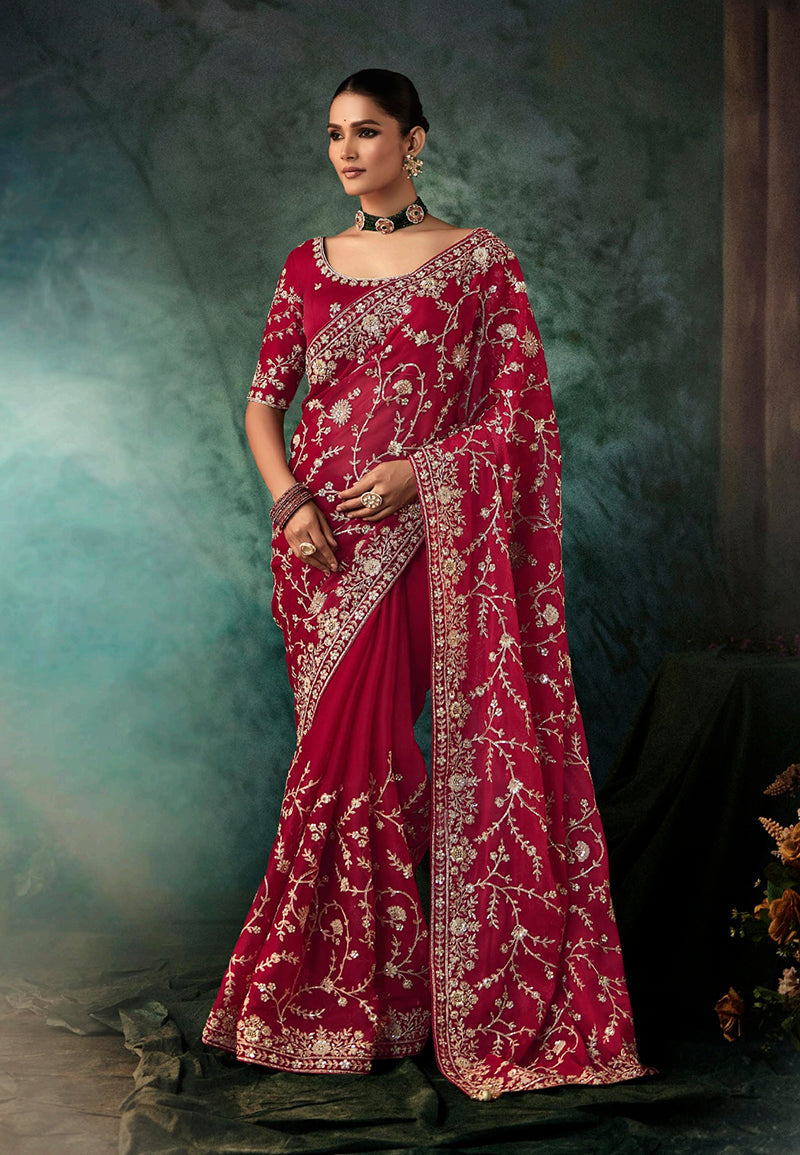 Monjolika Fashion Burgundy Faux Crepe Embroidery Bridal Reception Festival Wedding Wear Heavy Border Saree | Grocsy