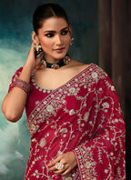 Monjolika Fashion Burgundy Faux Crepe Embroidery Bridal Reception Festival Wedding Wear Heavy Border Saree | Grocsy