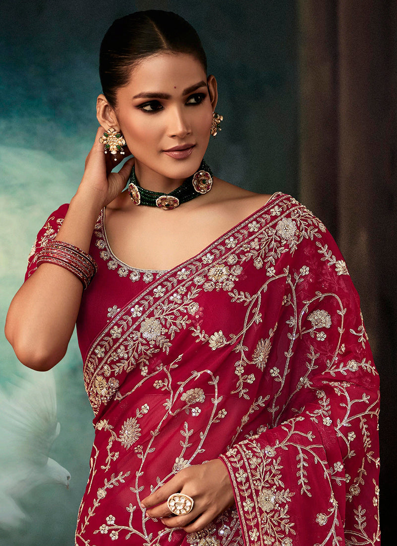 Monjolika Fashion Burgundy Faux Crepe Embroidery Bridal Reception Festival Wedding Wear Heavy Border Saree | Grocsy