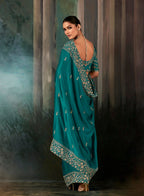 Monjolika Fashion Teal Faux Satin Embroidery Bridal Reception Festival Wedding Wear Heavy Border Saree | Grocsy