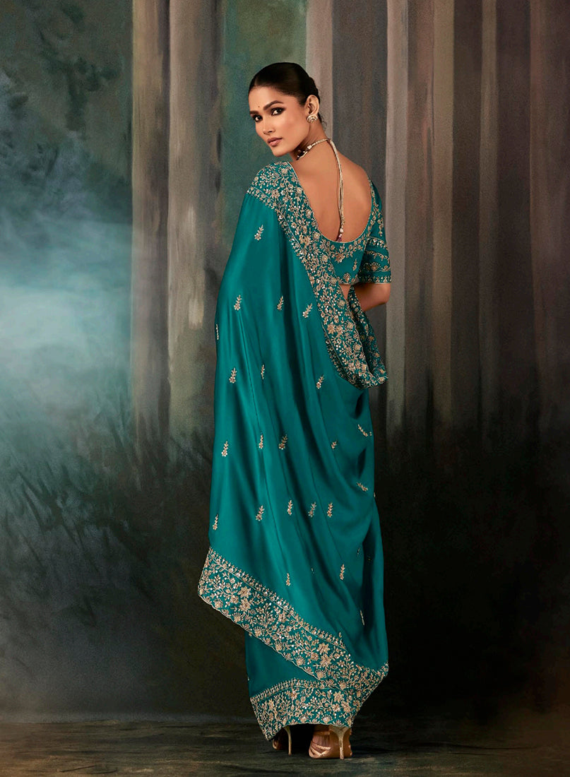 Monjolika Fashion Teal Faux Satin Embroidery Bridal Reception Festival Wedding Wear Heavy Border Saree | Grocsy