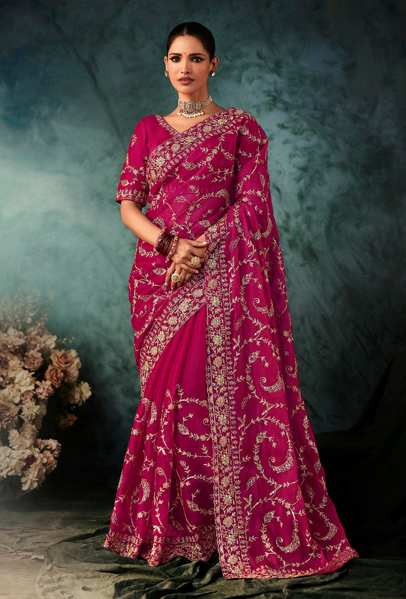 Monjolika Fashion Rani Pink Faux Crepe Embroidery Bridal Reception Festival Wedding Wear Heavy Border Saree | Grocsy