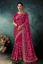 Monjolika Fashion Rani Pink Faux Crepe Embroidery Bridal Reception Festival Wedding Wear Heavy Border Saree | Grocsy