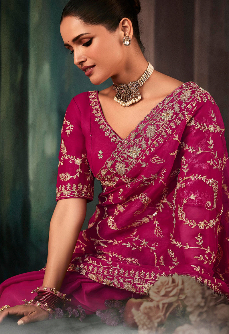 Monjolika Fashion Rani Pink Faux Crepe Embroidery Bridal Reception Festival Wedding Wear Heavy Border Saree | Grocsy
