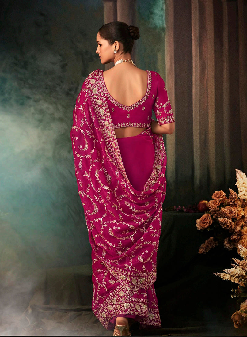 Monjolika Fashion Rani Pink Faux Crepe Embroidery Bridal Reception Festival Wedding Wear Heavy Border Saree | Grocsy