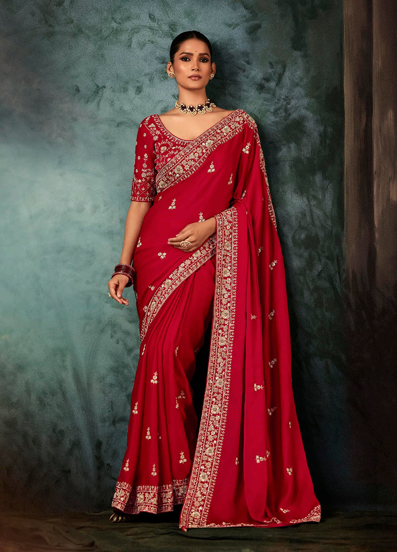 Monjolika Fashion Red Wear Fabric Embroidery Bridal Reception Festival Wedding Wear Heavy Border Saree | Grocsy