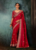 Monjolika Fashion Red Wear Fabric Embroidery Bridal Reception Festival Wedding Wear Heavy Border Saree | Grocsy