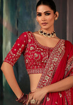Monjolika Fashion Red Wear Fabric Embroidery Bridal Reception Festival Wedding Wear Heavy Border Saree | Grocsy