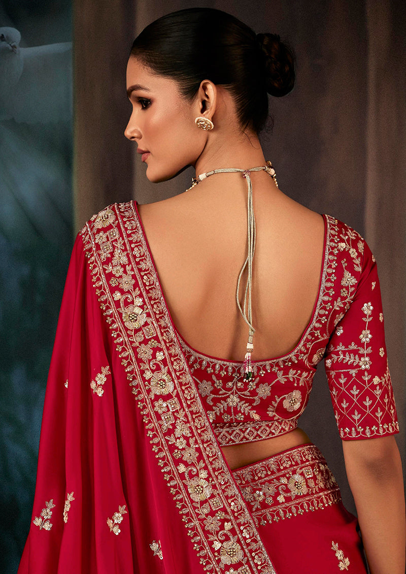 Monjolika Fashion Red Wear Fabric Embroidery Bridal Reception Festival Wedding Wear Heavy Border Saree | Grocsy