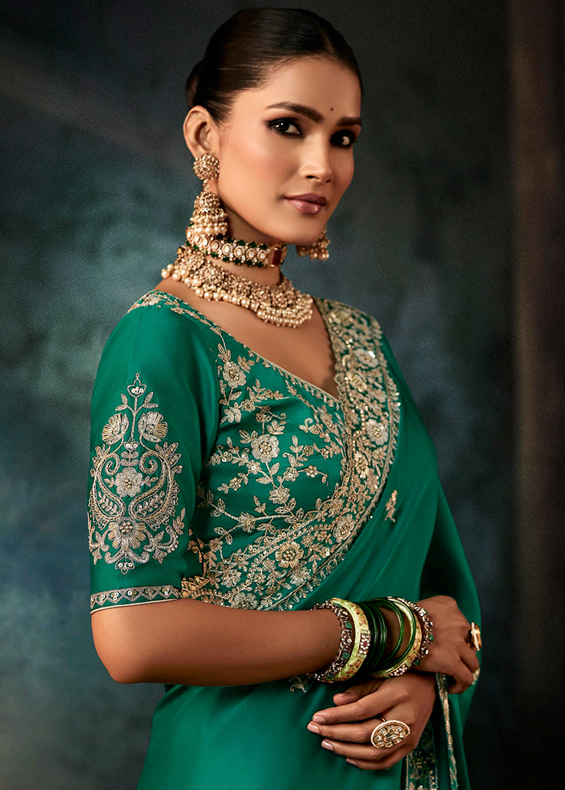 Monjolika Fashion Teal Green Faux Satin Embroidery Bridal Reception Festival Wedding Wear Heavy Border Saree | Grocsy