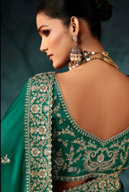 Monjolika Fashion Teal Green Faux Satin Embroidery Bridal Reception Festival Wedding Wear Heavy Border Saree | Grocsy