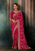 Monjolika Fashion Rani Pink Faux Satin Embroidery Bridal Reception Festival Wedding Wear Heavy Border Saree | Grocsy