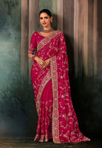 Monjolika Fashion Rani Pink Faux Satin Embroidery Bridal Reception Festival Wedding Wear Heavy Border Saree | Grocsy