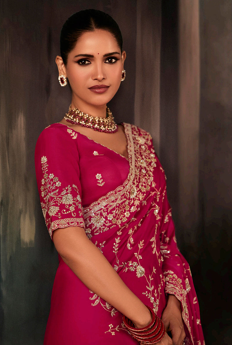Monjolika Fashion Rani Pink Faux Satin Embroidery Bridal Reception Festival Wedding Wear Heavy Border Saree | Grocsy