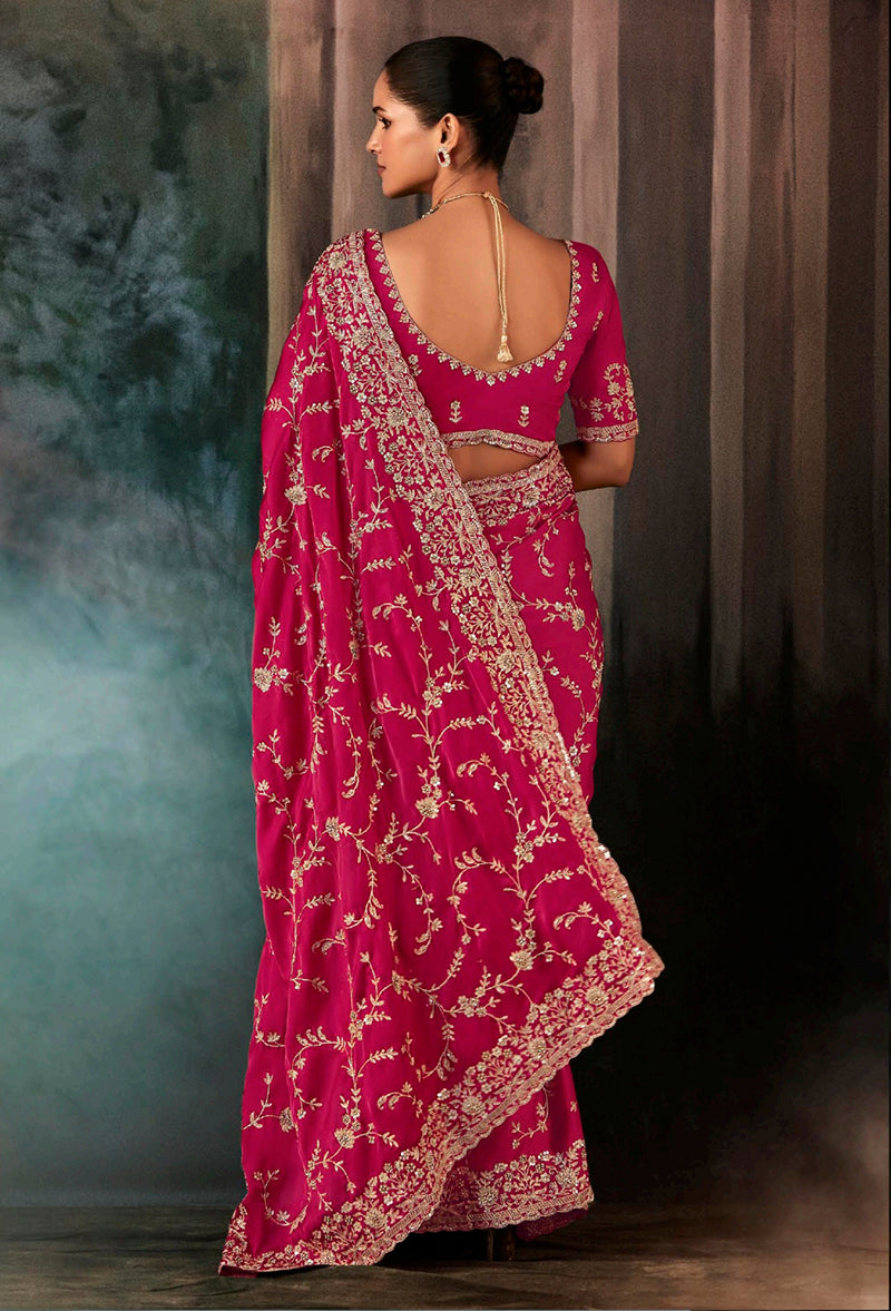 Monjolika Fashion Rani Pink Faux Satin Embroidery Bridal Reception Festival Wedding Wear Heavy Border Saree | Grocsy