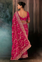 Monjolika Fashion Rani Pink Faux Satin Embroidery Bridal Reception Festival Wedding Wear Heavy Border Saree | Grocsy