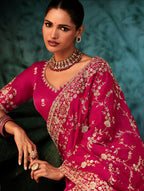 Monjolika Fashion Rani Pink Faux Satin Embroidery Bridal Reception Festival Wedding Wear Heavy Border Saree | Grocsy