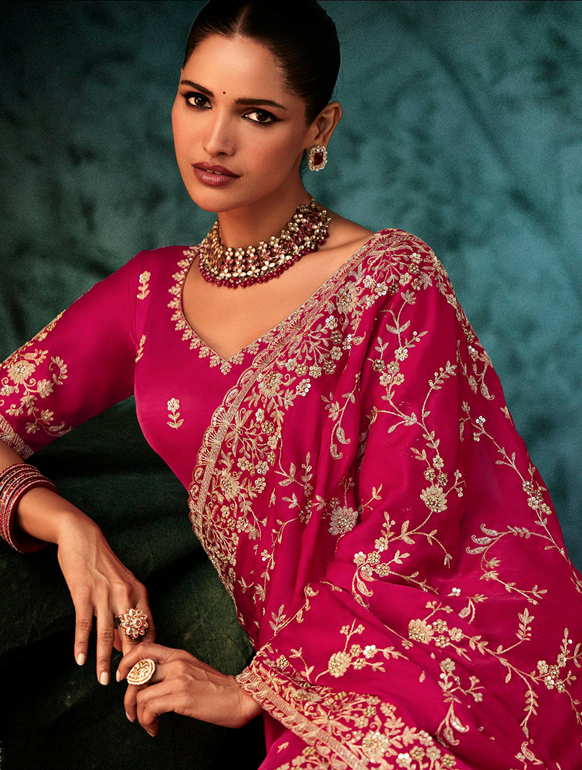 Monjolika Fashion Rani Pink Faux Satin Embroidery Bridal Reception Festival Wedding Wear Heavy Border Saree | Grocsy